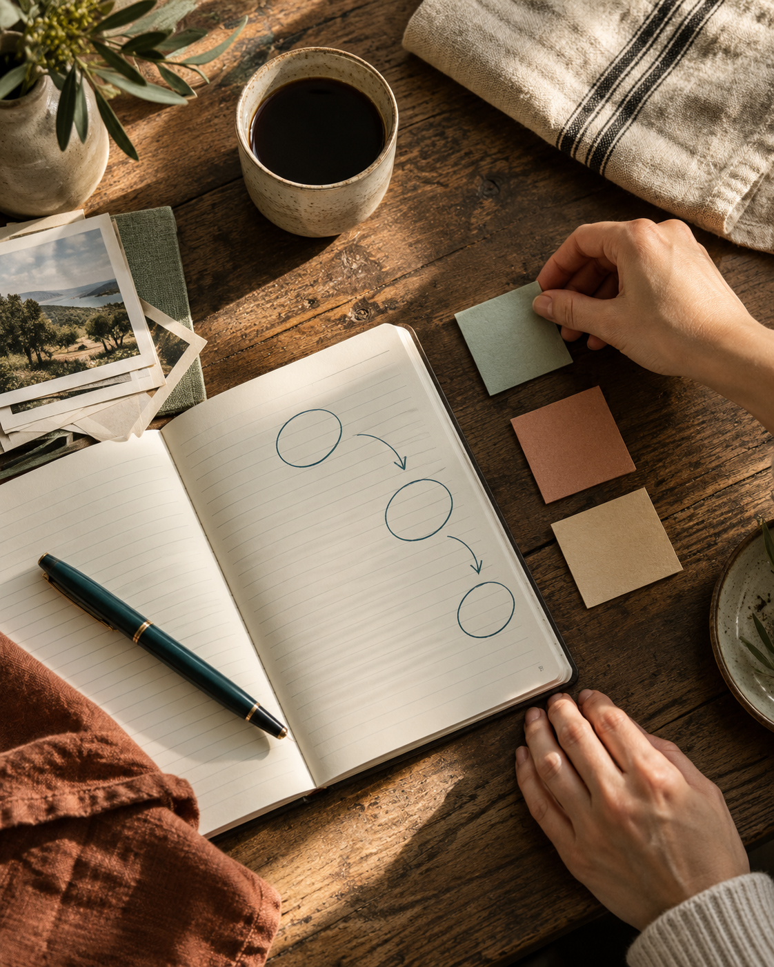 Hands beside an open notebook, sticky notes, and a cup of coffee