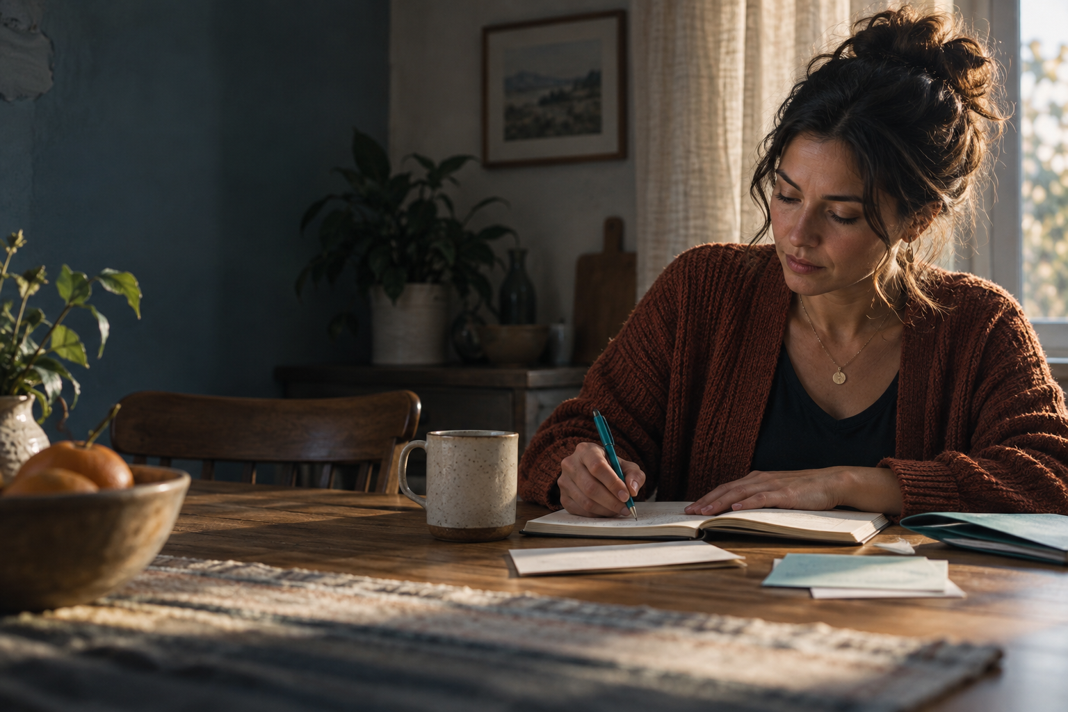 A woman writing in a notebook at a kitchen table